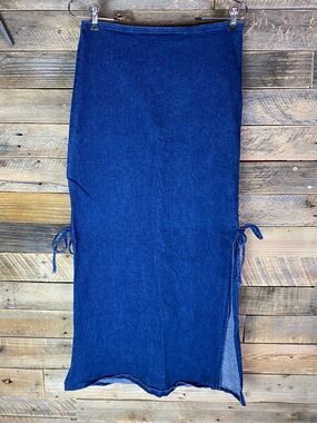 ENT Women's Blue Denim Skirt M Cotton Spandex Maxi Slit Sides